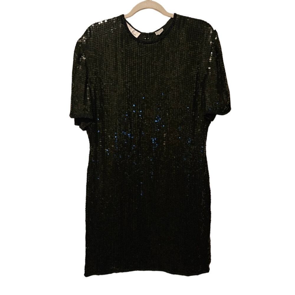Vintage sequin beaded‎ black knee length silk dress Lawrence Kazar Size Large